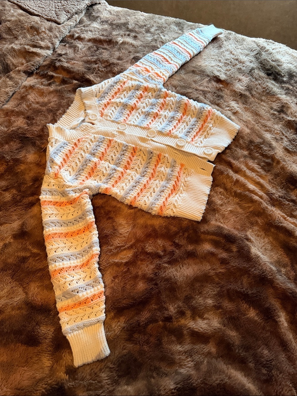 Toddler (Size 4/5) Cropped Cream Open-Knit Cardigan with Pastel Stripe Detail